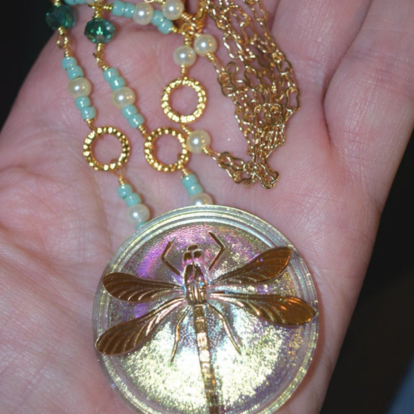 SOLD: Dragonfly Czech Glass Button on 18" Beaded Chain - Picture 2 of 3